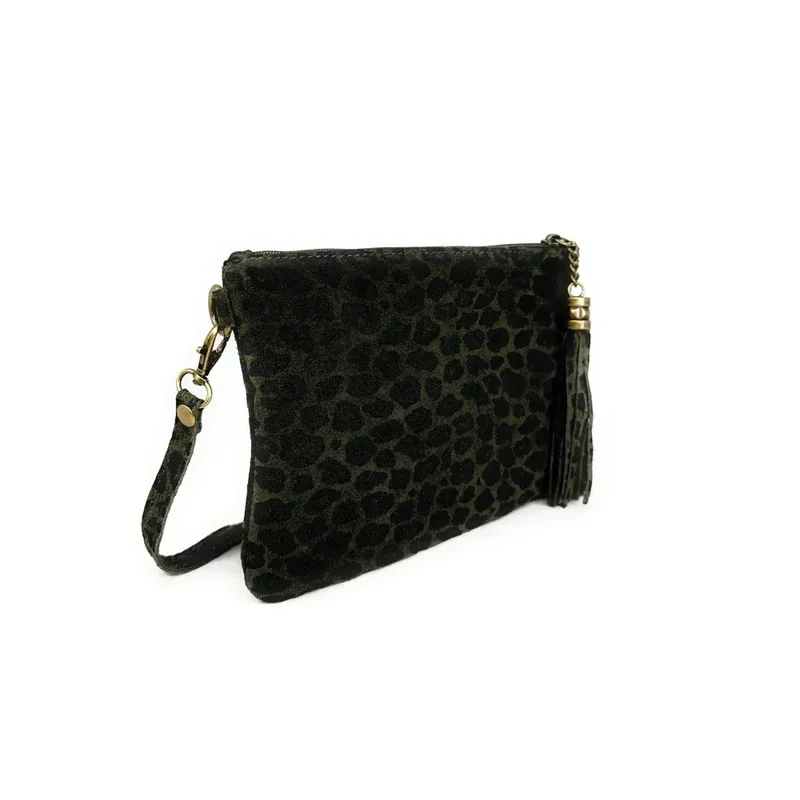 Sac pochette en daim à motif MORGANE JUNGLE Léopard kaki