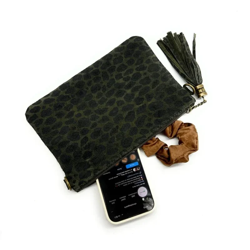 Sac pochette en daim à motif MORGANE JUNGLE Léopard kaki