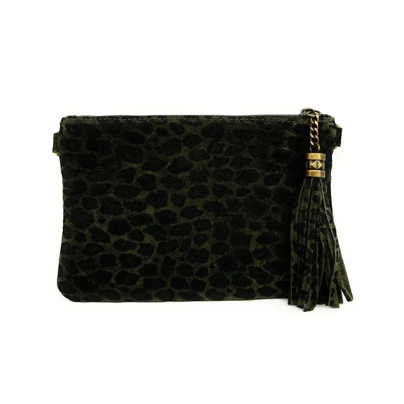 Sac pochette en daim à motif MORGANE JUNGLE Léopard kaki