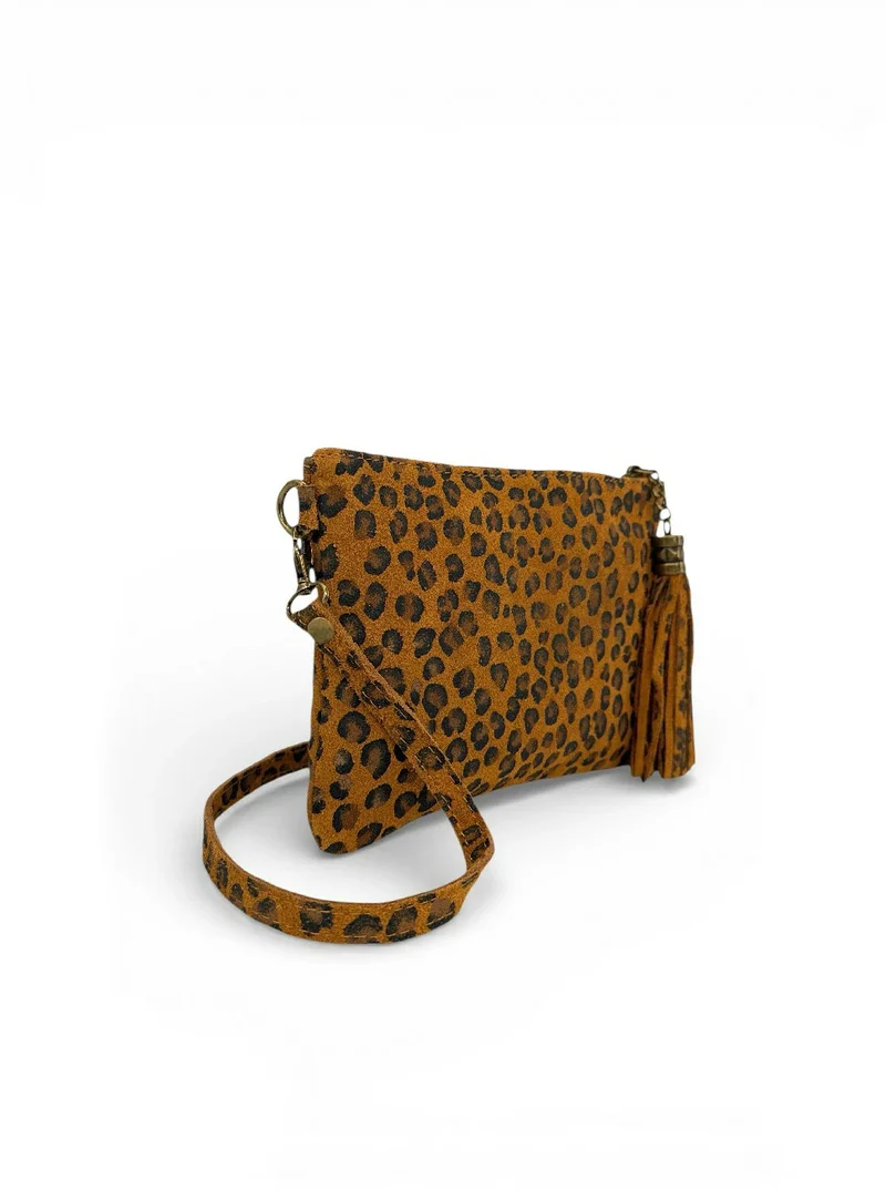 Sac pochette en daim à motif MORGANE JUNGLE Léopard camel