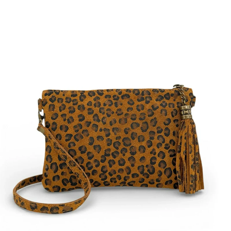 Sac pochette en daim à motif MORGANE JUNGLE Léopard camel