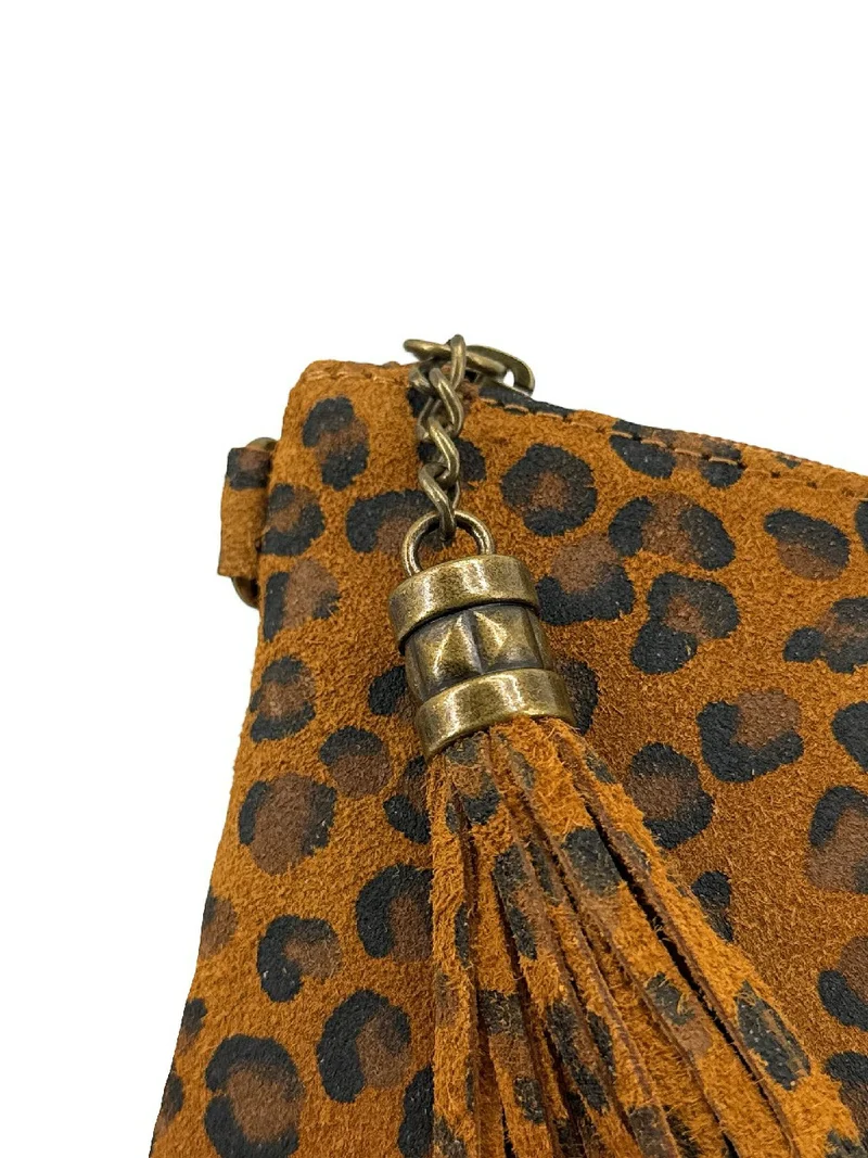 Sac pochette en daim à motif MORGANE JUNGLE Léopard camel