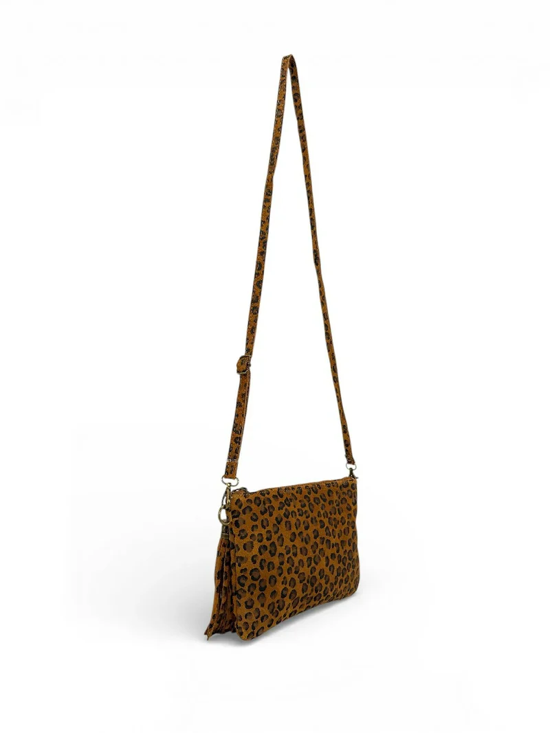 Sac pochette en daim à motif MORGANE JUNGLE Léopard camel