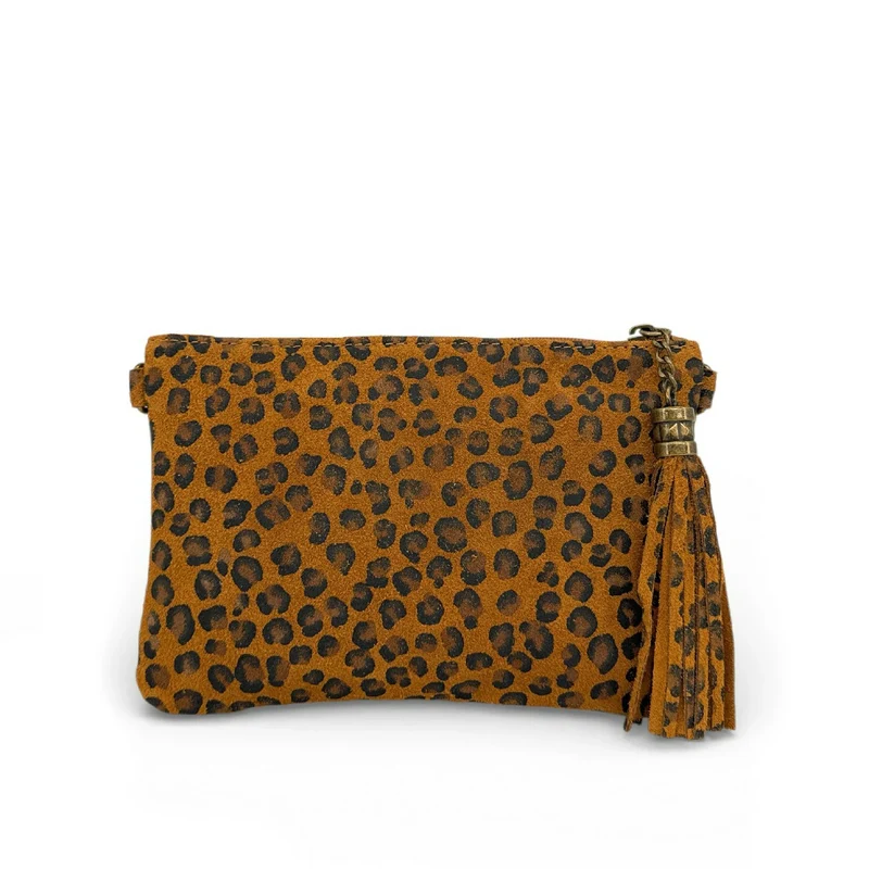 Sac pochette en daim à motif MORGANE JUNGLE Léopard camel