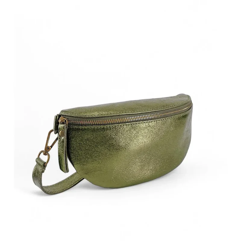 Sac banane en cuir irisé LOU-DO métal doré Kaki irisé