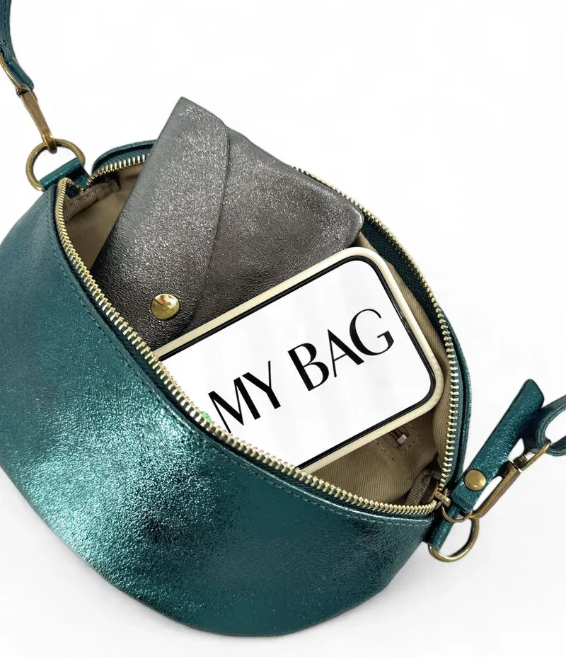 Sac banane en cuir irisé LOU-DO métal doré Bleu paon irisé