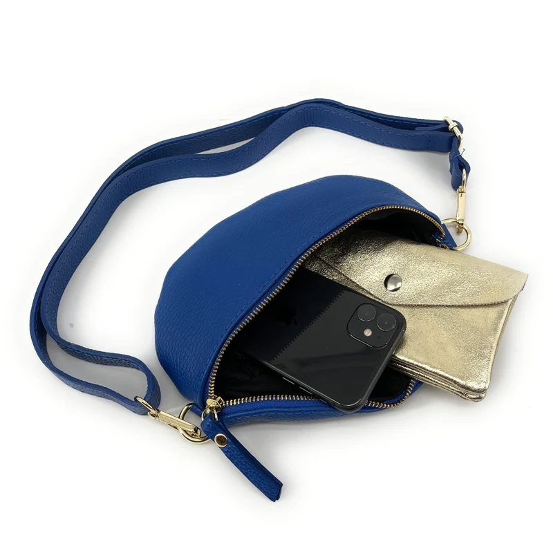 Sac banane en cuir grainé LOU-DO métal doré Bleu roi