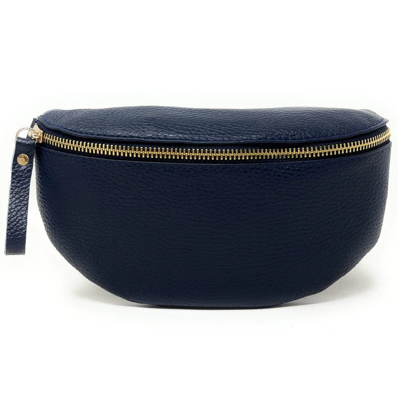 Sac banane en cuir grainé LOU-DO métal doré Bleu marine