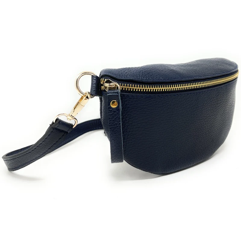 Sac banane en cuir grainé LOU-DO métal doré Bleu marine