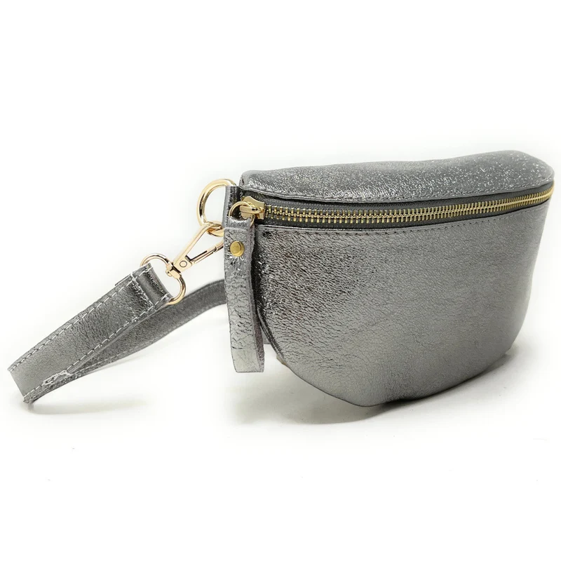 Sac banane en cuir irisé LOU-DO métal doré Argent foncé