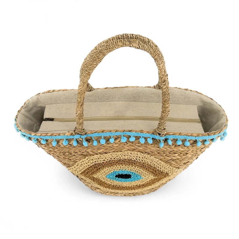 Panier en paille et broderies MATI Bleu turquoise