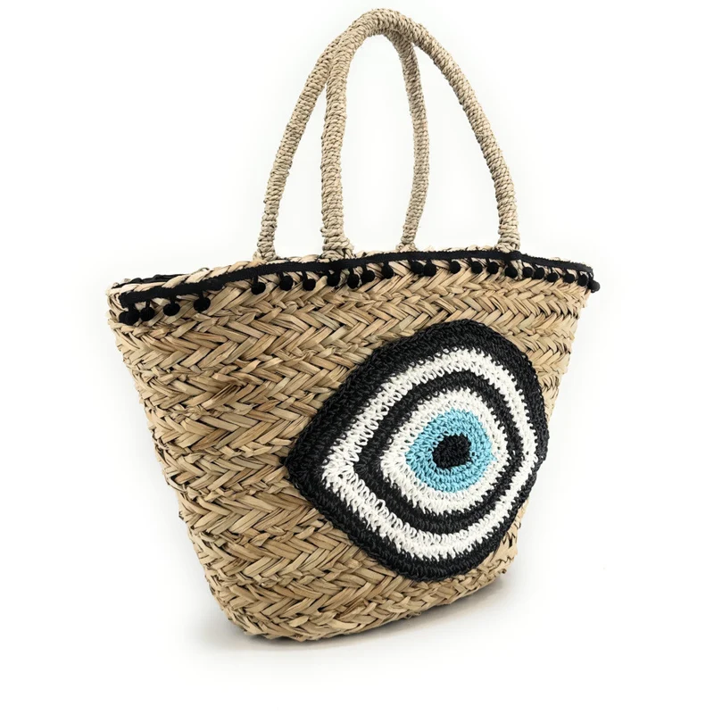 Panier en paille et broderies MATI Noir