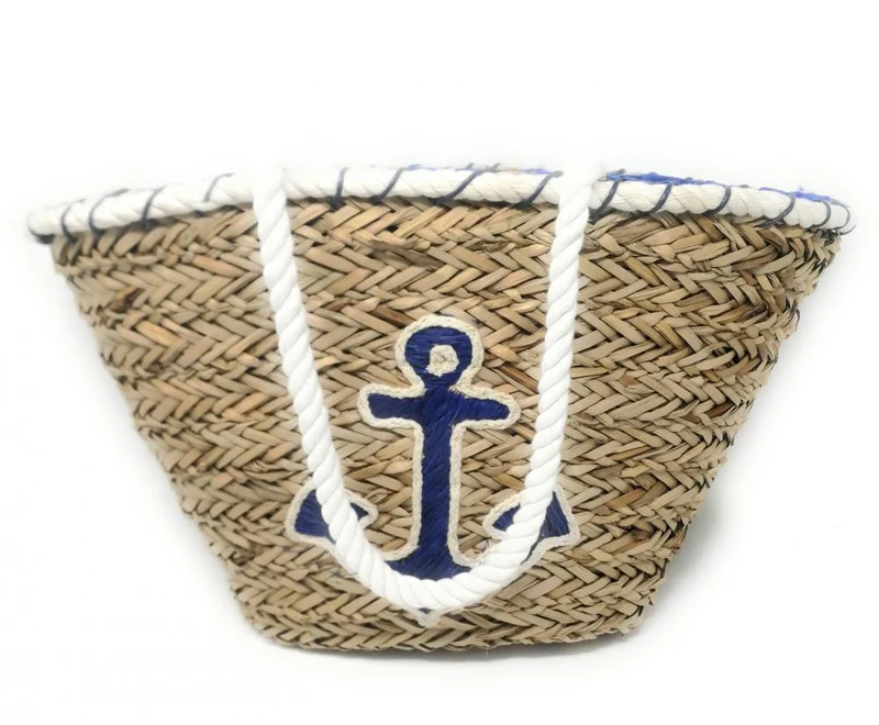 Panier de plage en paille avec ancre brodée PANIER ANCRE Bleu roi