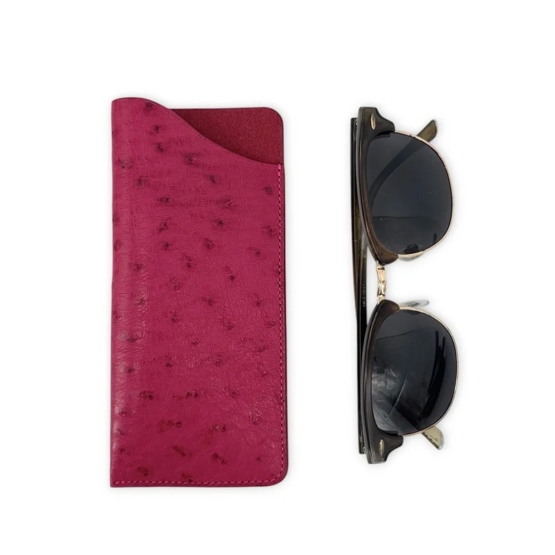 Etui à lunettes en cuir d'autruche édition Haute-couture Rose framboise