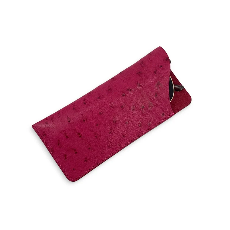 Etui à lunettes en cuir d'autruche édition Haute-couture Rose framboise