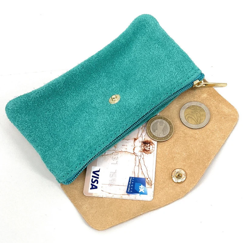 Pochette porte-monnaie en daim et cuir irisé COMBI Bleu turquoise