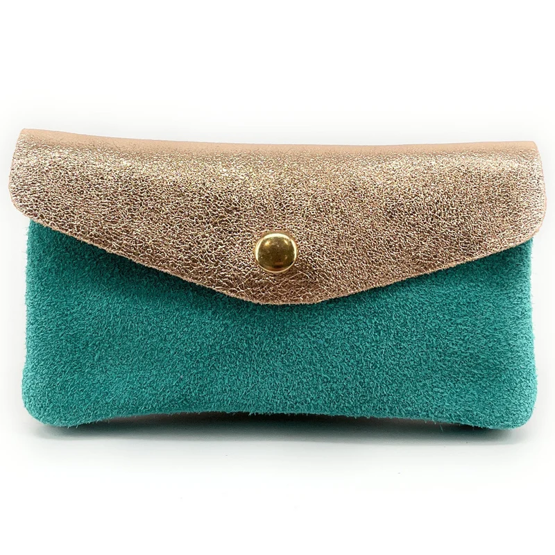 Pochette porte-monnaie en daim et cuir irisé COMBI Bleu turquoise