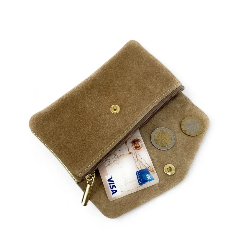 Pochette porte-monnaie en daim et cuir irisé COMBI Taupe