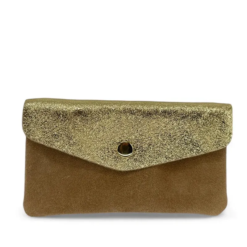 Pochette porte-monnaie en daim et cuir irisé COMBI Taupe