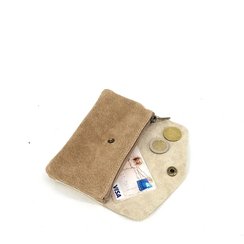 Pochette porte-monnaie en daim et cuir irisé COMBI Taupe clair