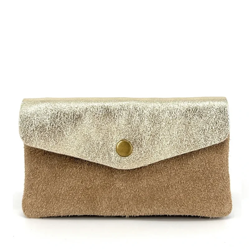 Pochette porte-monnaie en daim et cuir irisé COMBI Taupe clair