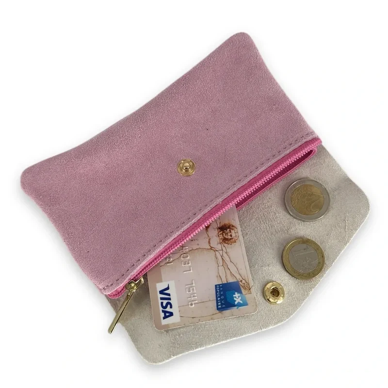 Pochette porte-monnaie en daim et cuir irisé COMBI Rose orchidée