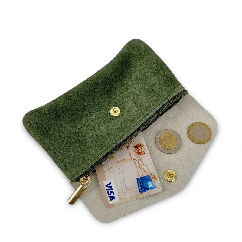 Pochette porte-monnaie en daim et cuir irisé COMBI Vert kaki