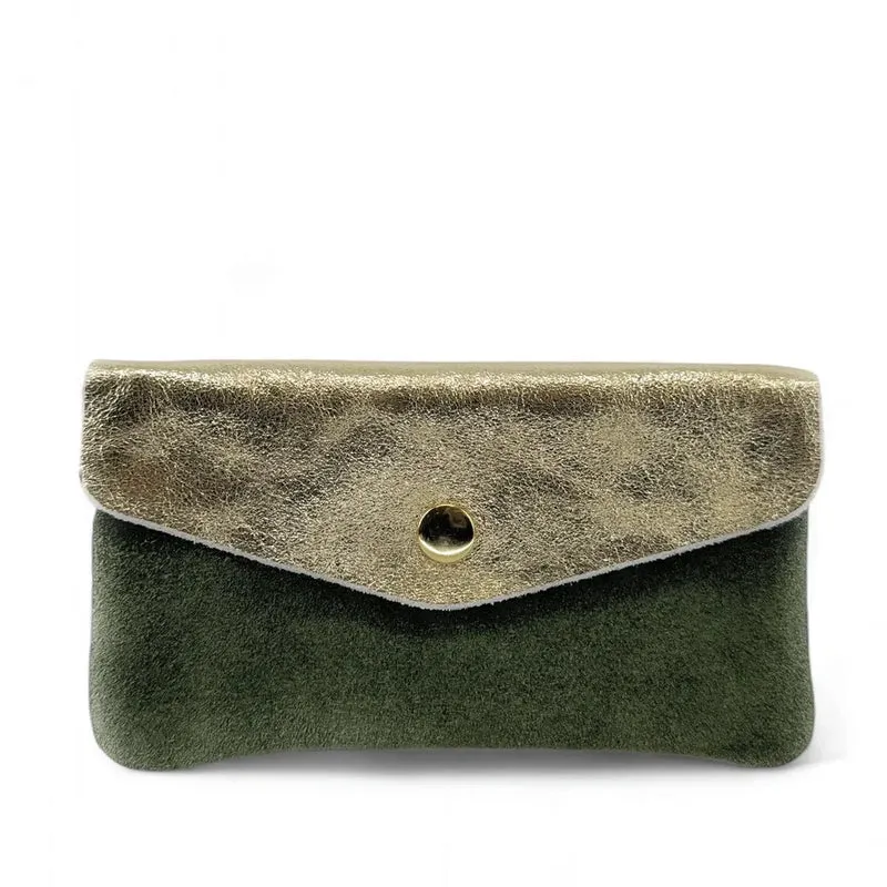 Pochette porte-monnaie en daim et cuir irisé COMBI Vert kaki