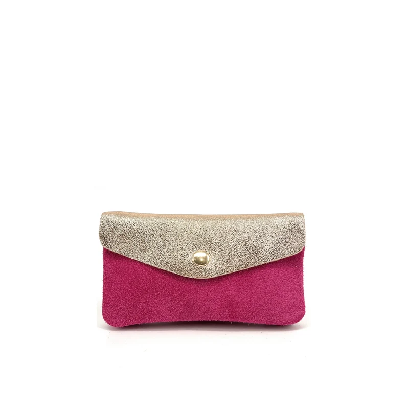 Pochette porte-monnaie en daim et cuir irisé COMBI Rose fuchsia