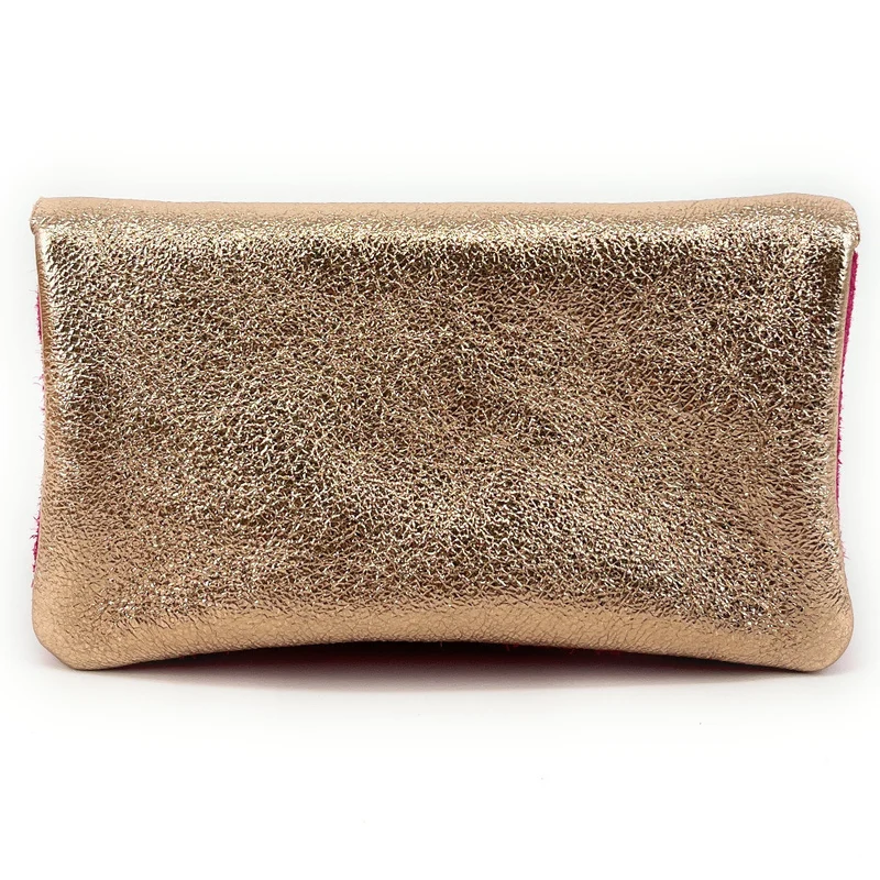 Pochette porte-monnaie en daim et cuir irisé COMBI Rose fuchsia