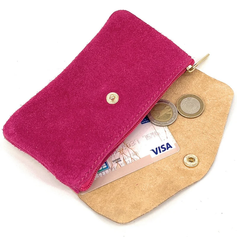 Pochette porte-monnaie en daim et cuir irisé COMBI Rose fuchsia
