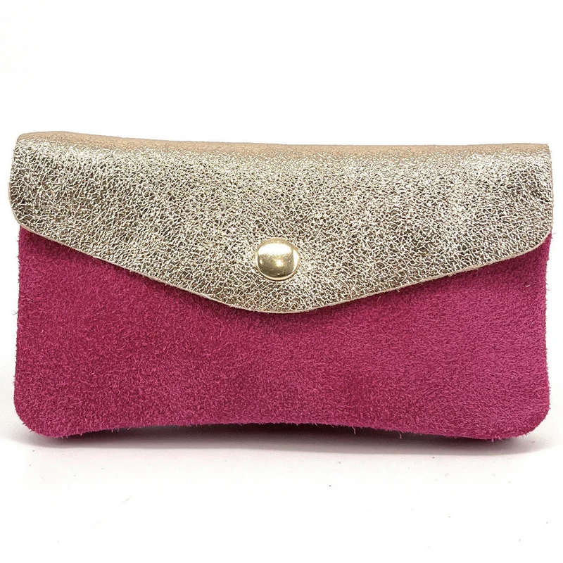 Pochette porte-monnaie en daim et cuir irisé COMBI Rose fuchsia
