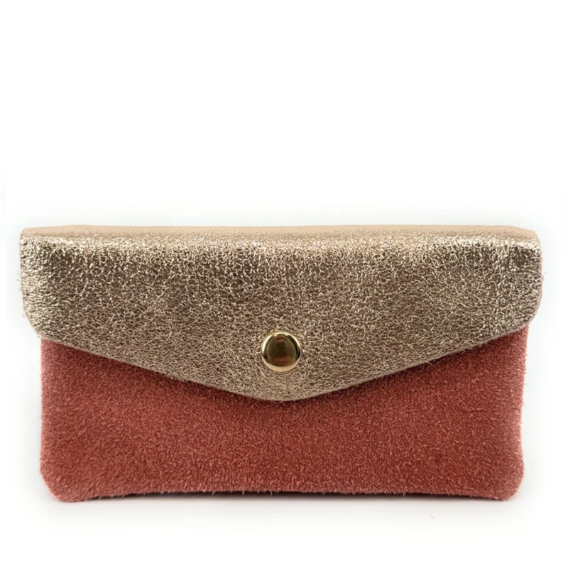 Pochette porte-monnaie en daim et cuir irisé COMBI Rose corail