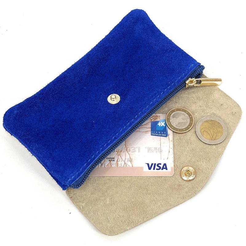 Pochette porte-monnaie en daim et cuir irisé COMBI Bleu roi