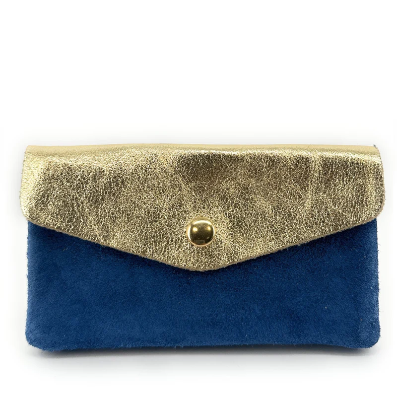 Pochette porte-monnaie en daim et cuir irisé COMBI Bleu denim