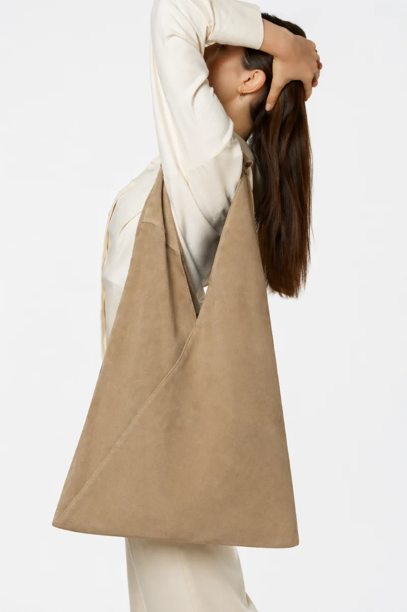 Grand sac hobo en daim EOLIA Taupe clair