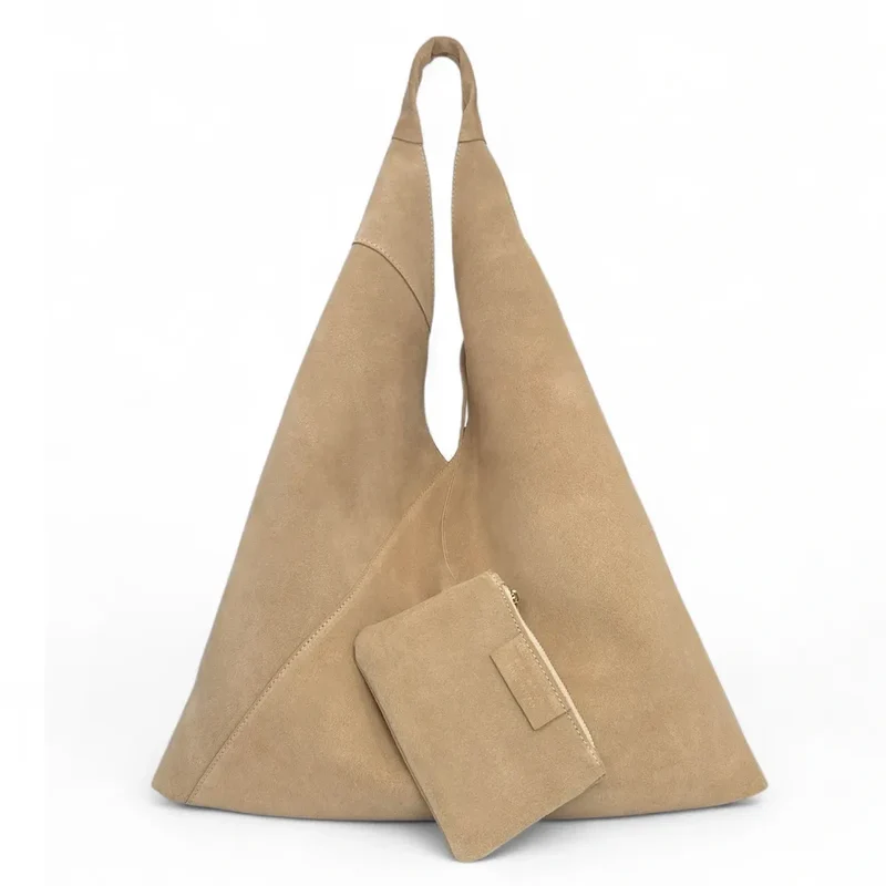 Grand sac hobo en daim EOLIA Taupe clair