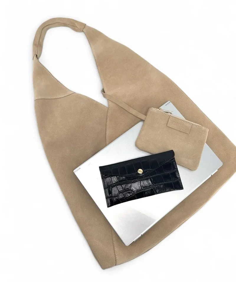 Grand sac hobo en daim EOLIA Taupe clair