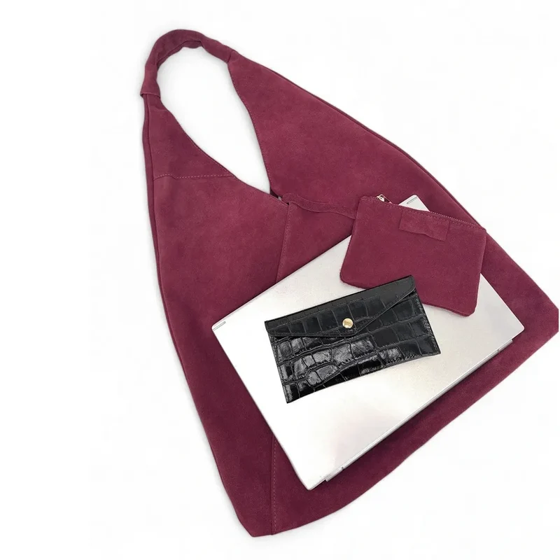 Grand sac hobo en daim EOLIA Rouge bordeaux
