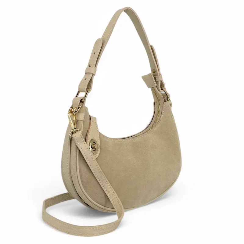 Sac à main demi-lune en daim MUNE Taupe clair