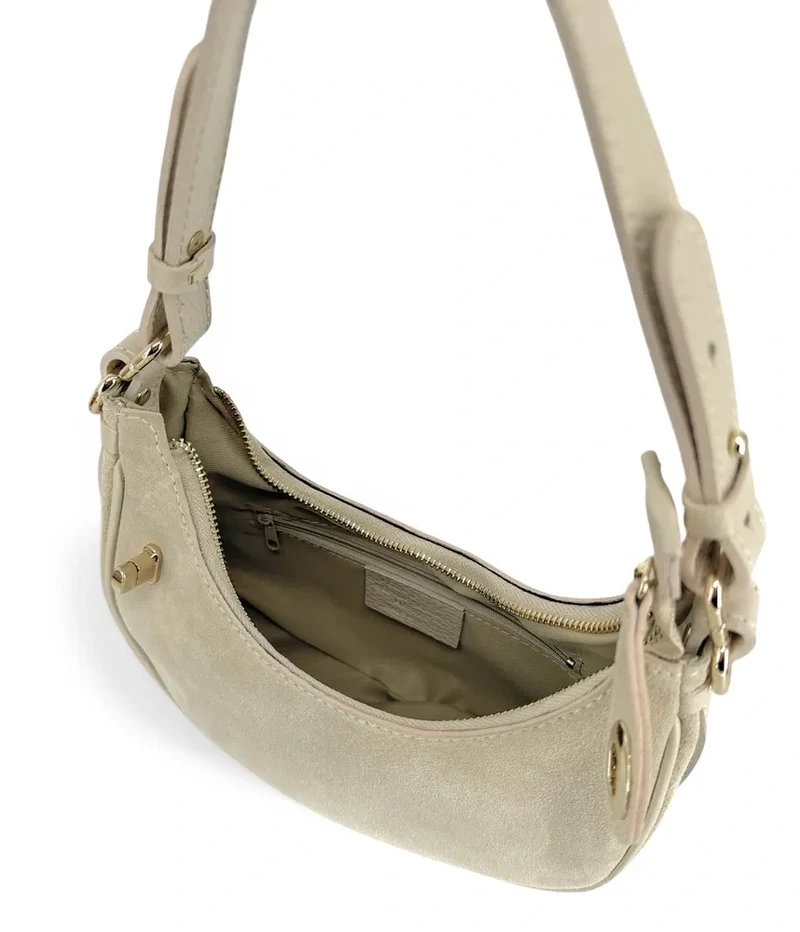 Sac à main demi-lune en daim MUNE Taupe clair