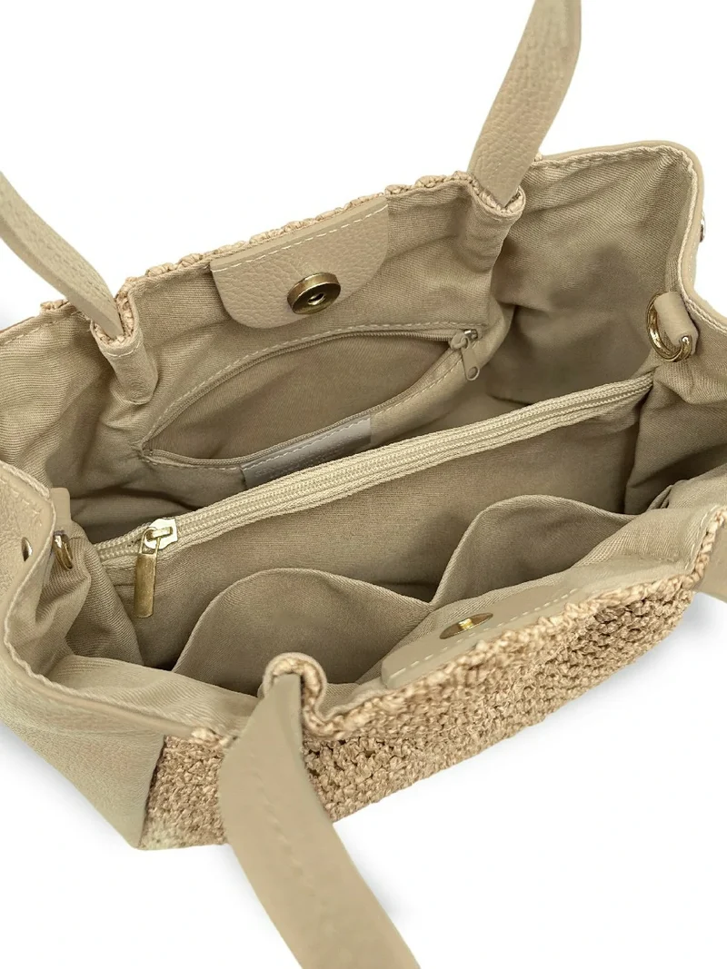 Sac cabas en cuir grainé et raphia OXANE Taupe