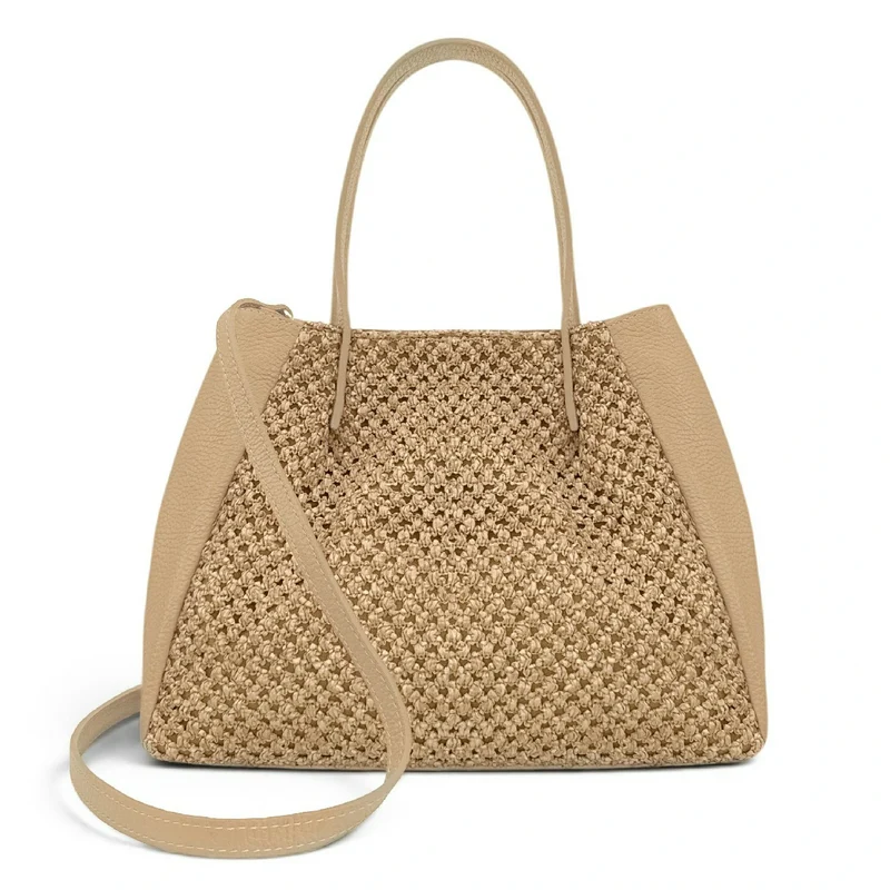 Sac cabas en cuir grainé et raphia OXANE Taupe