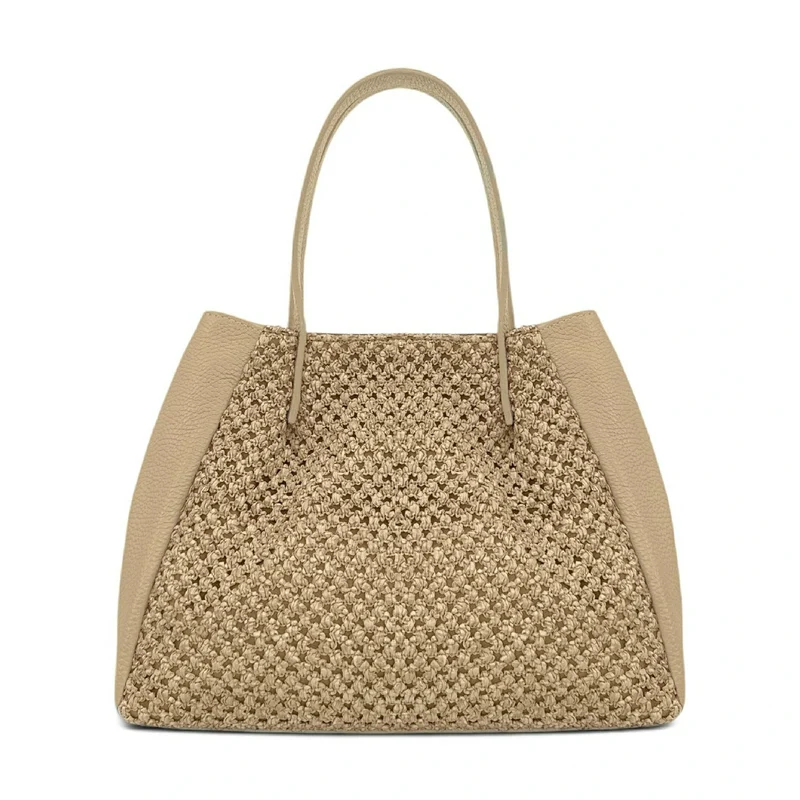 Sac cabas en cuir grainé et raphia OXANE Taupe
