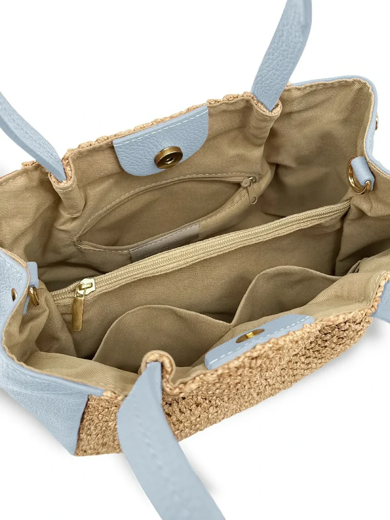 Sac cabas en cuir grainé et raphia OXANE Bleu pastel