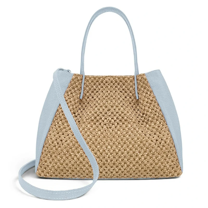 Sac cabas en cuir grainé et raphia OXANE Bleu pastel