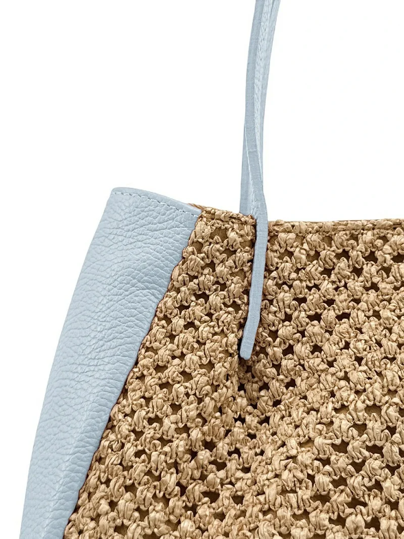 Sac cabas en cuir grainé et raphia OXANE Bleu pastel