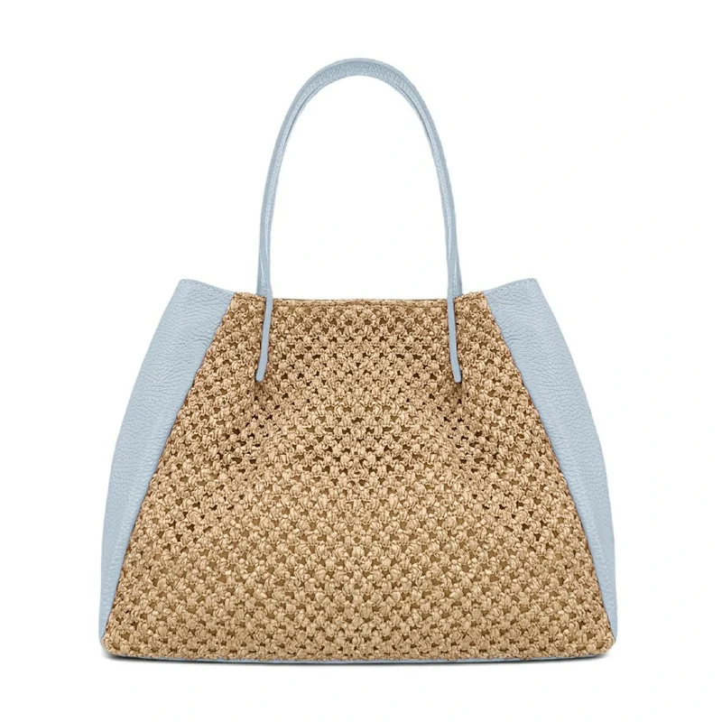 Sac cabas en cuir grainé et raphia OXANE Bleu pastel