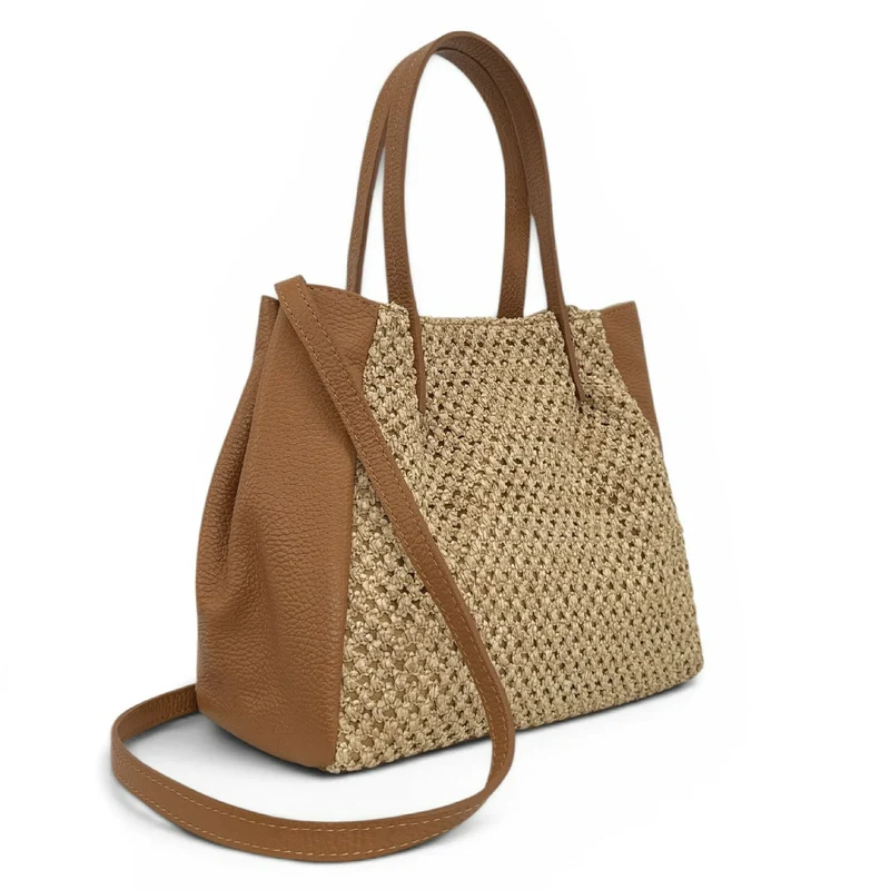 Sac cabas en cuir grainé et raphia OXANE Marron camel
