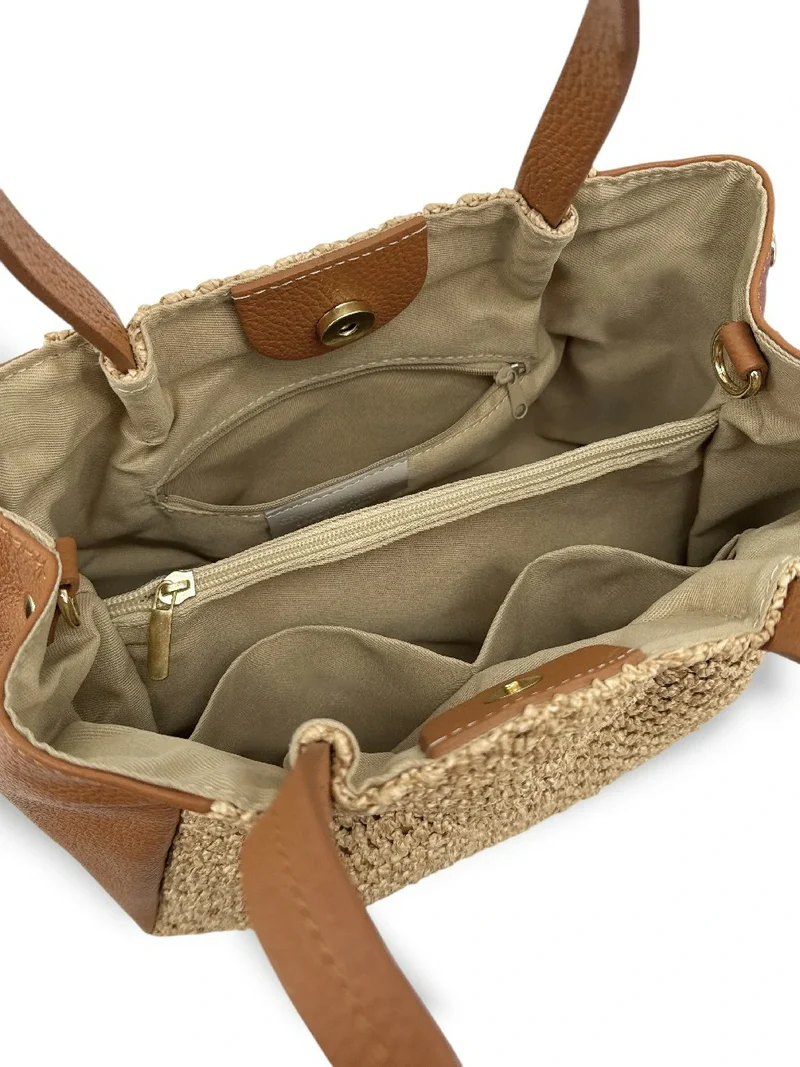 Sac cabas en cuir grainé et raphia OXANE Marron camel